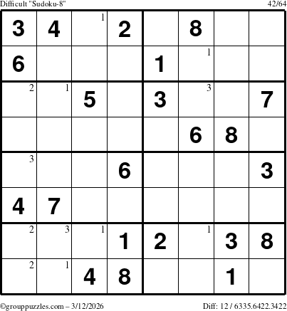 The grouppuzzles.com Difficult Sudoku-8 puzzle for Thursday March 12, 2026 with the first 3 steps marked