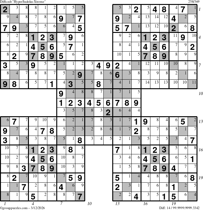 The grouppuzzles.com Difficult cover-HyperXtreme puzzle for Thursday March 12, 2026, suitable for printing, with all 14 steps marked