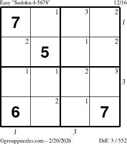 The grouppuzzles.com Easy Sudoku-4-5678 puzzle for Friday February 20, 2026, suitable for printing, with all 3 steps marked