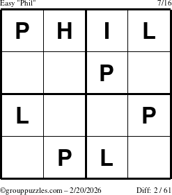 The grouppuzzles.com Easy Phil puzzle for Friday February 20, 2026