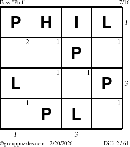 The grouppuzzles.com Easy Phil puzzle for Friday February 20, 2026, suitable for printing, with all 2 steps marked