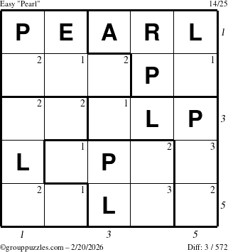 The grouppuzzles.com Easy Pearl puzzle for Friday February 20, 2026, suitable for printing, with all 3 steps marked