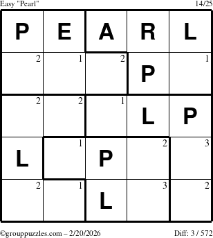 The grouppuzzles.com Easy Pearl puzzle for Friday February 20, 2026 with the first 3 steps marked