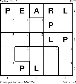 The grouppuzzles.com Medium Pearl puzzle for Friday February 20, 2026, suitable for printing, with all 3 steps marked