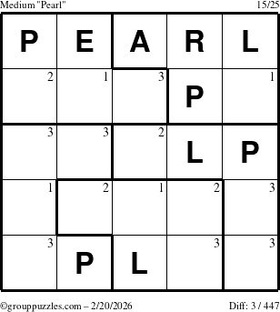The grouppuzzles.com Medium Pearl puzzle for Friday February 20, 2026 with the first 3 steps marked