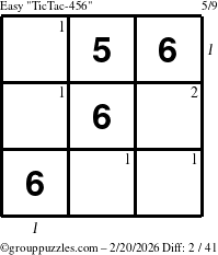 The grouppuzzles.com Easy TicTac-456 puzzle for Friday February 20, 2026, suitable for printing, with all 2 steps marked