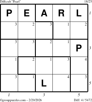 The grouppuzzles.com Difficult Pearl puzzle for Friday February 20, 2026, suitable for printing, with all 4 steps marked