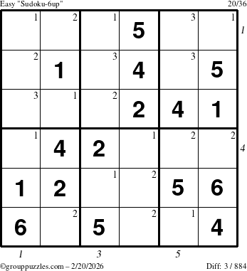 The grouppuzzles.com Easy Sudoku-6up puzzle for Friday February 20, 2026 with all 3 steps marked