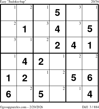 The grouppuzzles.com Easy Sudoku-6up puzzle for Friday February 20, 2026 with the first 3 steps marked