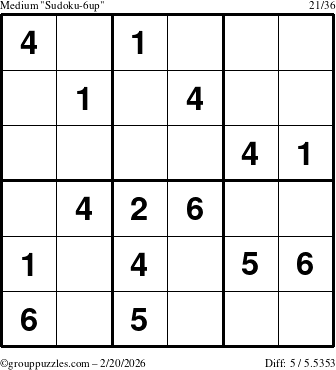 The grouppuzzles.com Medium Sudoku-6up puzzle for Friday February 20, 2026