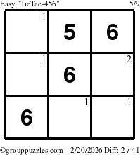The grouppuzzles.com Easy TicTac-456 puzzle for Friday February 20, 2026 with the first 2 steps marked