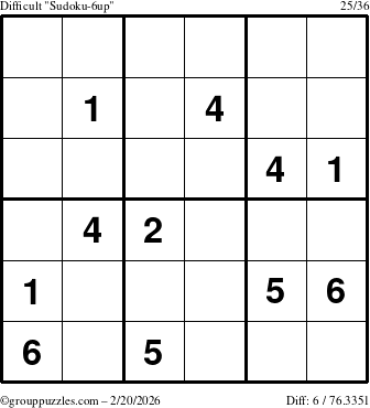 The grouppuzzles.com Difficult Sudoku-6up puzzle for Friday February 20, 2026