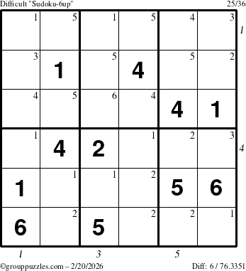 The grouppuzzles.com Difficult Sudoku-6up puzzle for Friday February 20, 2026 with all 6 steps marked
