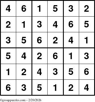 The grouppuzzles.com Answer grid for the Sudoku-6up puzzle for Friday February 20, 2026