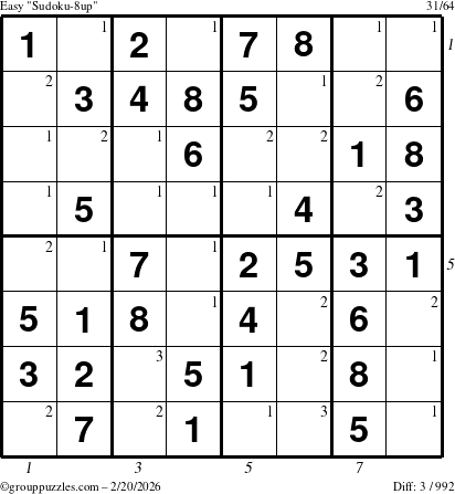 The grouppuzzles.com Easy Sudoku-8up puzzle for Friday February 20, 2026 with all 3 steps marked