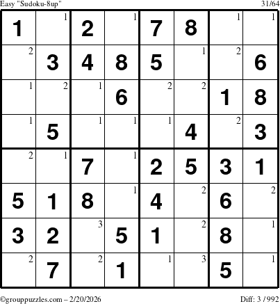 The grouppuzzles.com Easy Sudoku-8up puzzle for Friday February 20, 2026 with the first 3 steps marked