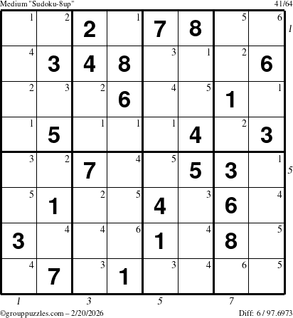 The grouppuzzles.com Medium Sudoku-8up puzzle for Friday February 20, 2026 with all 6 steps marked