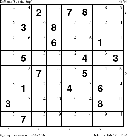 The grouppuzzles.com Difficult Sudoku-8up puzzle for Friday February 20, 2026 with all 11 steps marked