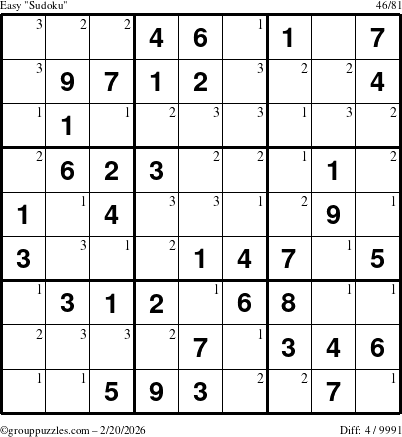 The grouppuzzles.com Easy Sudoku puzzle for Friday February 20, 2026 with the first 3 steps marked