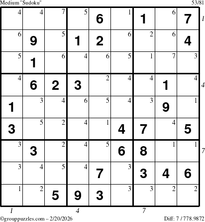 The grouppuzzles.com Medium Sudoku puzzle for Friday February 20, 2026, suitable for printing, with all 7 steps marked