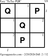 The grouppuzzles.com Easy TicTac-PQR puzzle for Friday February 20, 2026 with all 2 steps marked