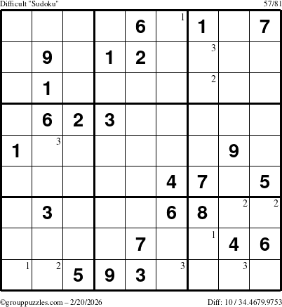 The grouppuzzles.com Difficult Sudoku puzzle for Friday February 20, 2026 with the first 3 steps marked
