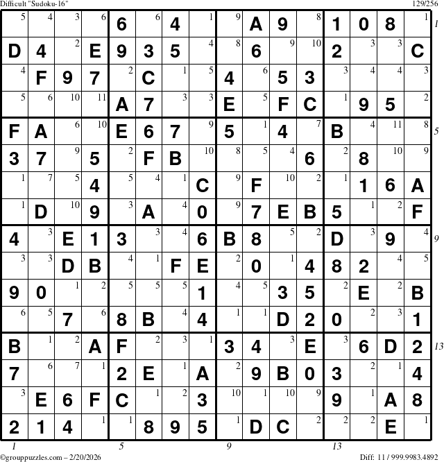 The grouppuzzles.com Difficult Sudoku-16 puzzle for Friday February 20, 2026 with all 11 steps marked