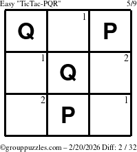 The grouppuzzles.com Easy TicTac-PQR puzzle for Friday February 20, 2026 with the first 2 steps marked