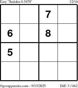 The grouppuzzles.com Easy Sudoku-4-5678 puzzle for Monday September 15, 2025