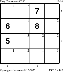 The grouppuzzles.com Easy Sudoku-4-5678 puzzle for Monday September 15, 2025 with all 3 steps marked