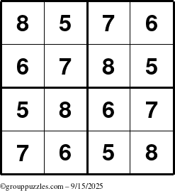 The grouppuzzles.com Answer grid for the Sudoku-4-5678 puzzle for Monday September 15, 2025