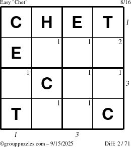 The grouppuzzles.com Easy Chet puzzle for Monday September 15, 2025 with all 2 steps marked