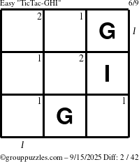The grouppuzzles.com Easy TicTac-GHI puzzle for Monday September 15, 2025 with all 2 steps marked