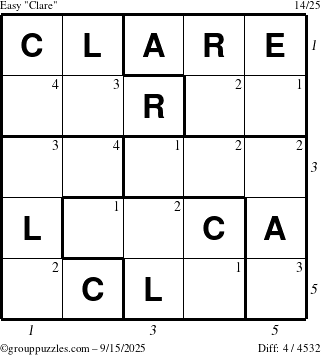 The grouppuzzles.com Easy Clare puzzle for Monday September 15, 2025 with all 4 steps marked