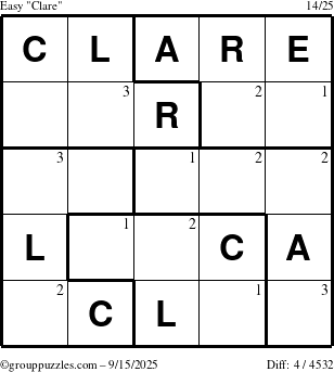 The grouppuzzles.com Easy Clare puzzle for Monday September 15, 2025 with the first 3 steps marked