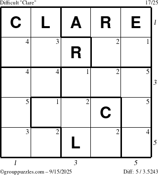 The grouppuzzles.com Difficult Clare puzzle for Monday September 15, 2025 with all 5 steps marked
