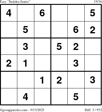 The grouppuzzles.com Easy Sudoku-Junior puzzle for Monday September 15, 2025