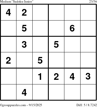 The grouppuzzles.com Medium Sudoku-Junior puzzle for Monday September 15, 2025