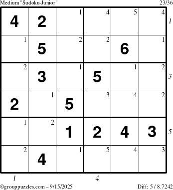 The grouppuzzles.com Medium Sudoku-Junior puzzle for Monday September 15, 2025 with all 5 steps marked