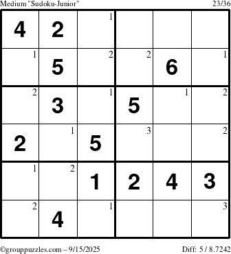 The grouppuzzles.com Medium Sudoku-Junior puzzle for Monday September 15, 2025 with the first 3 steps marked