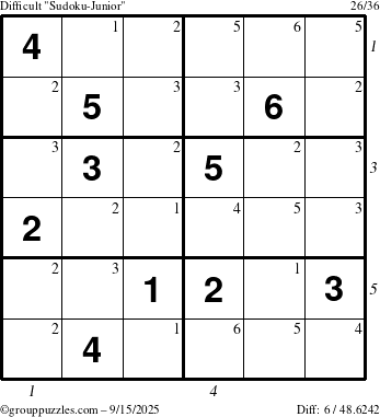The grouppuzzles.com Difficult Sudoku-Junior puzzle for Monday September 15, 2025 with all 6 steps marked