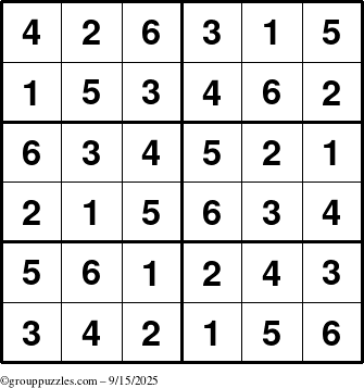 The grouppuzzles.com Answer grid for the Sudoku-Junior puzzle for Monday September 15, 2025