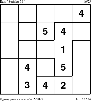 The grouppuzzles.com Easy Sudoku-5B puzzle for Monday September 15, 2025