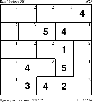 The grouppuzzles.com Easy Sudoku-5B puzzle for Monday September 15, 2025 with the first 3 steps marked