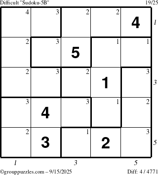 The grouppuzzles.com Difficult Sudoku-5B puzzle for Monday September 15, 2025 with all 4 steps marked