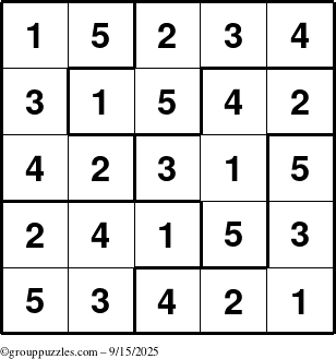 The grouppuzzles.com Answer grid for the Sudoku-5B puzzle for Monday September 15, 2025