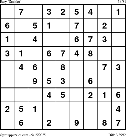 The grouppuzzles.com Easy Sudoku puzzle for Monday September 15, 2025