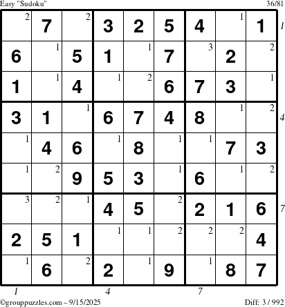 The grouppuzzles.com Easy Sudoku puzzle for Monday September 15, 2025, suitable for printing, with all 3 steps marked