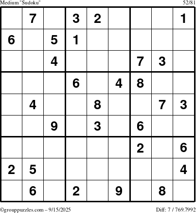 The grouppuzzles.com Medium Sudoku puzzle for Monday September 15, 2025