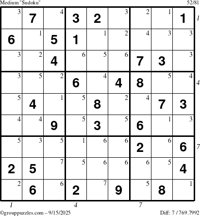 The grouppuzzles.com Medium Sudoku puzzle for Monday September 15, 2025 with all 7 steps marked